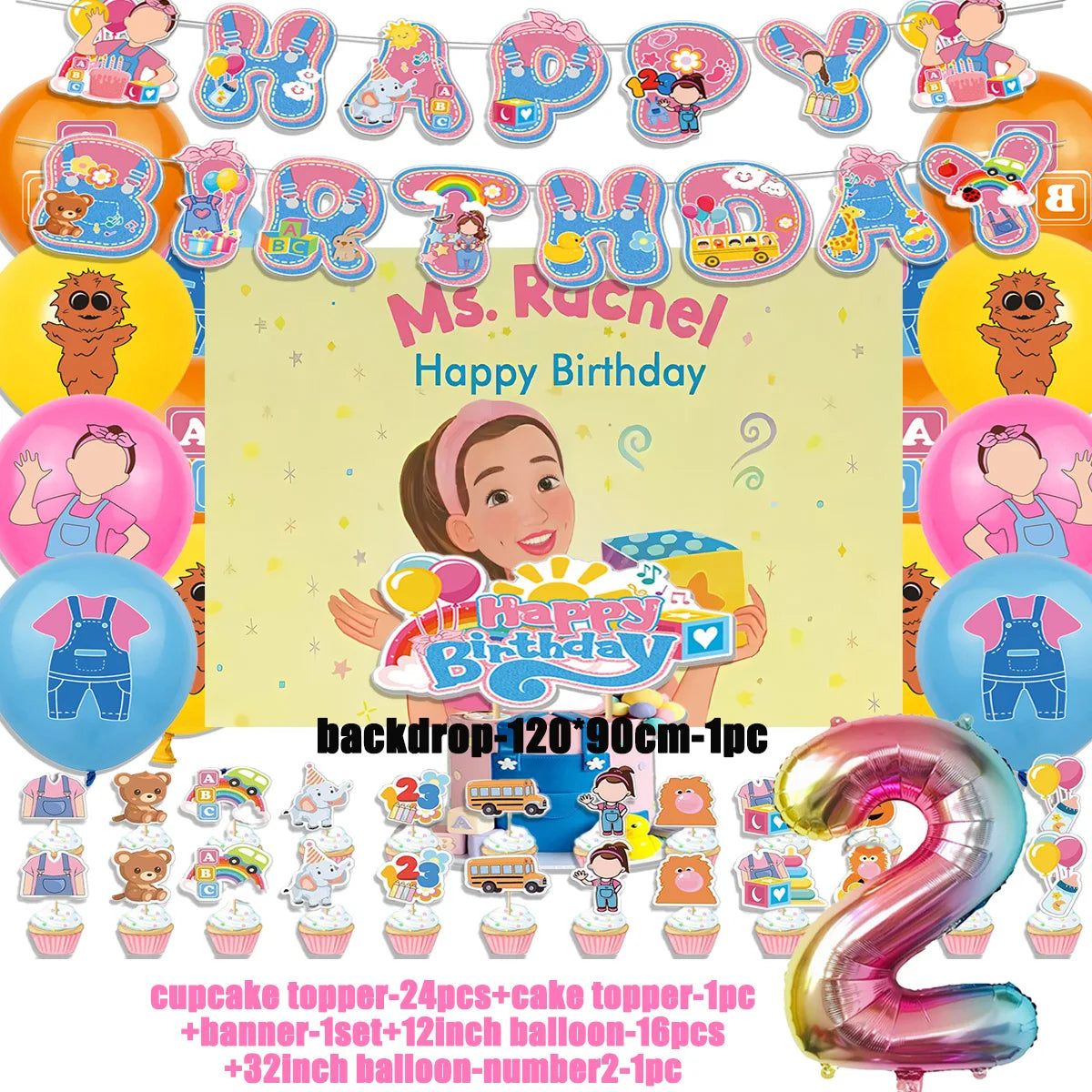 Cartoon English Teacher Theme Child Birthday Party Decor Ms&Racheled Balloon Banner Backdrops Cupcake Toppers for Kids Gifts