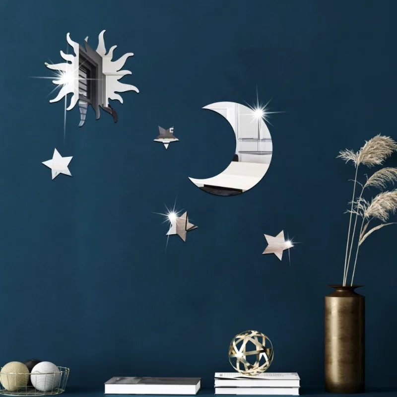 6pcs Star & Moon Combination Mirror Wall Sticker for Bedroom and Living Room - Ramadan Kareem, Holiday, Birthday Party Supplies,