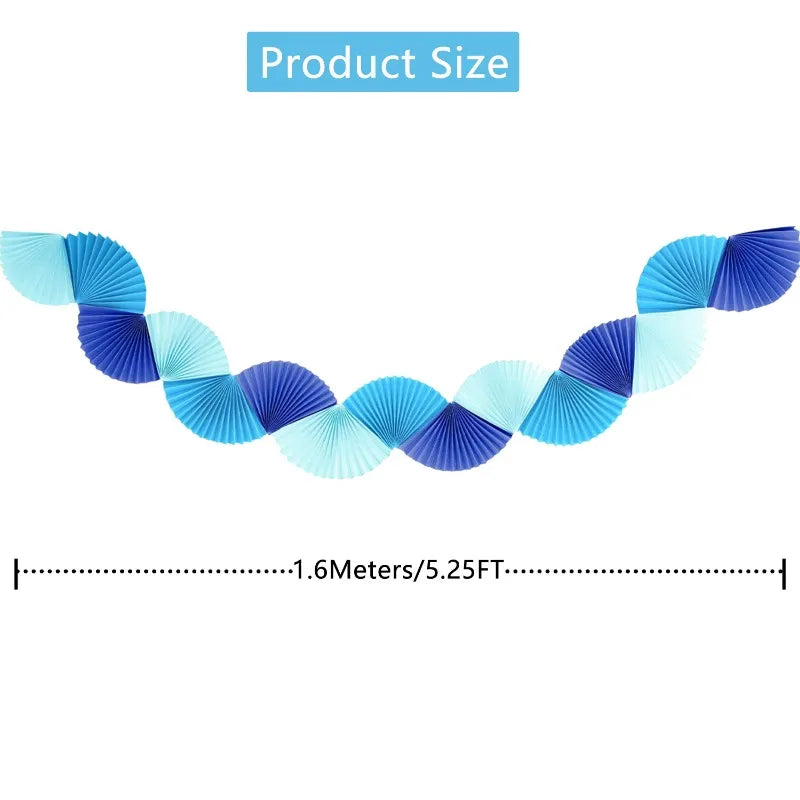 Blue Paper 3D Fans Flower Garland Hanging Flower Banner Wall Decoration for Wedding Birthday Baby Shower Party Streamer Decor