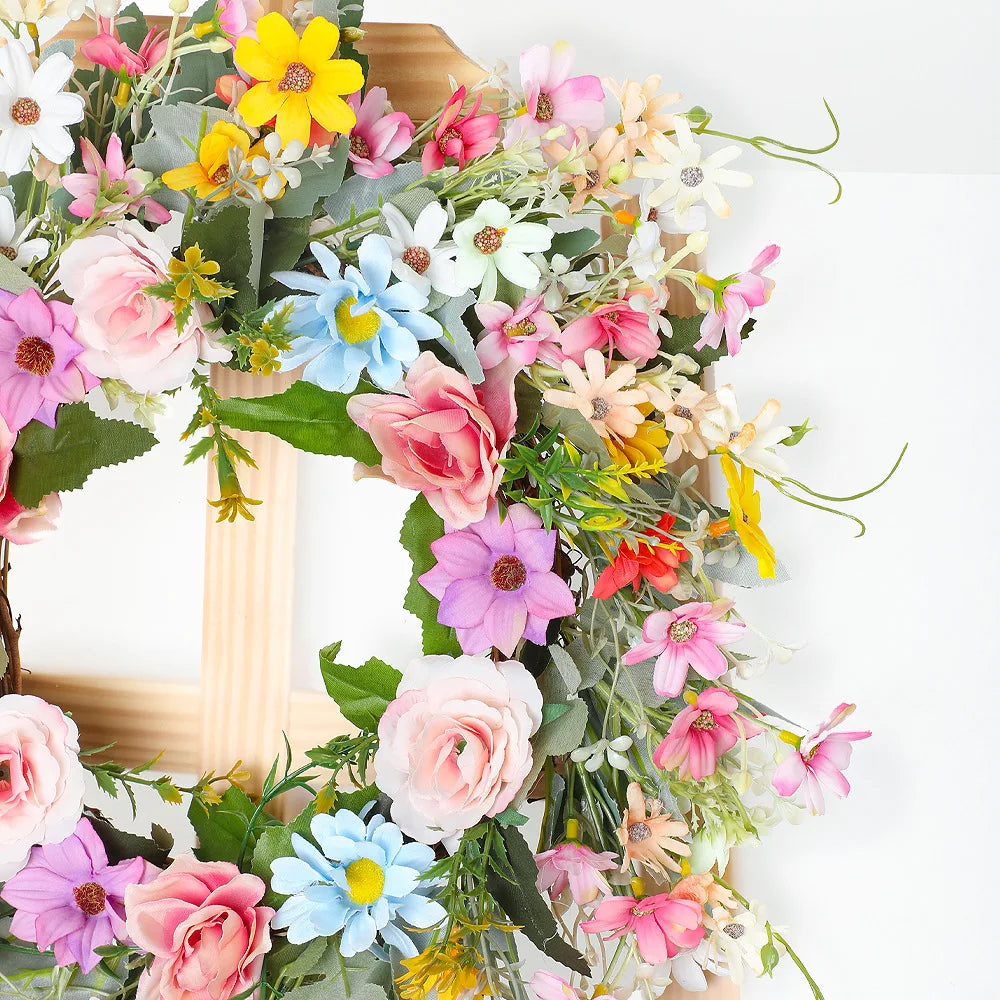 YeeNanee Vibrant Wild Flowers Spring Wreaths for Front Door Artificial Daisy Tulip Lambs Ear Summer Wreath Home Wall Decoration