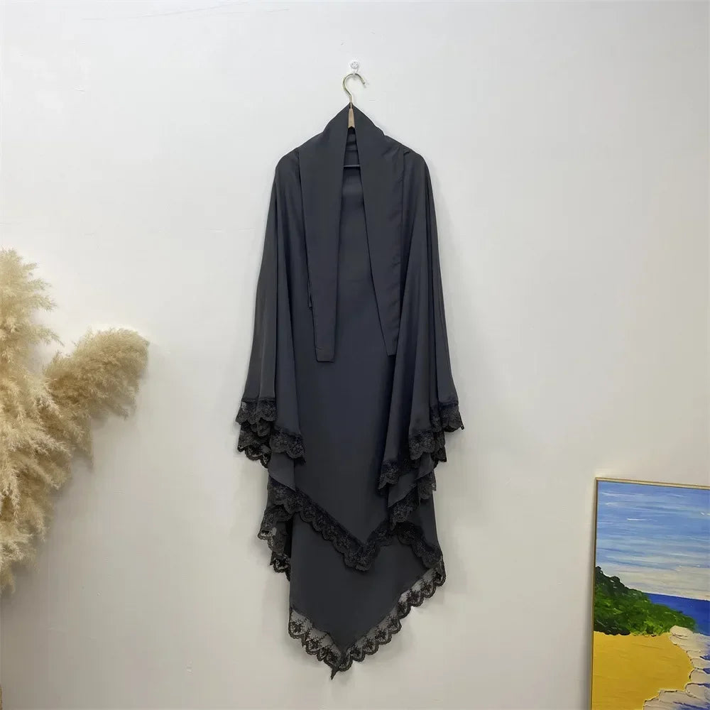 Eid Khimar Lace Long Khimar Hijab Scarf Muslim Modest Prayer Hijabs Islam Clothing Ramadan Djellaba Kebaya Jalabiya Headscarf