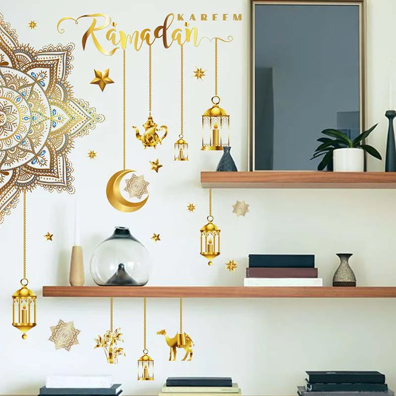 Ramadan Kareem Wall Stickers Moon Star Lantern Wall Decal 2024 Eid Mubarak Decorations for Home Muslim Islamic Party Decorations