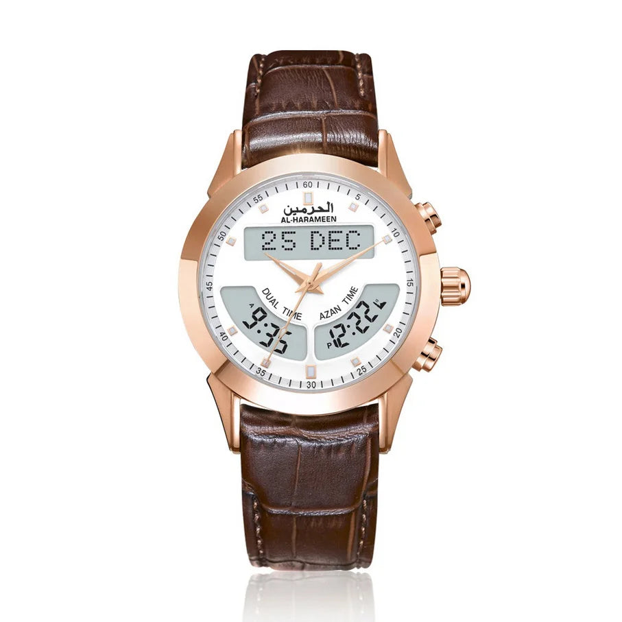 Muslim Watch with Alfajr Azan Time Iqamah Alarm for All Prayers English Arabic Language Saphire Genuine Leather Ramadan Gift