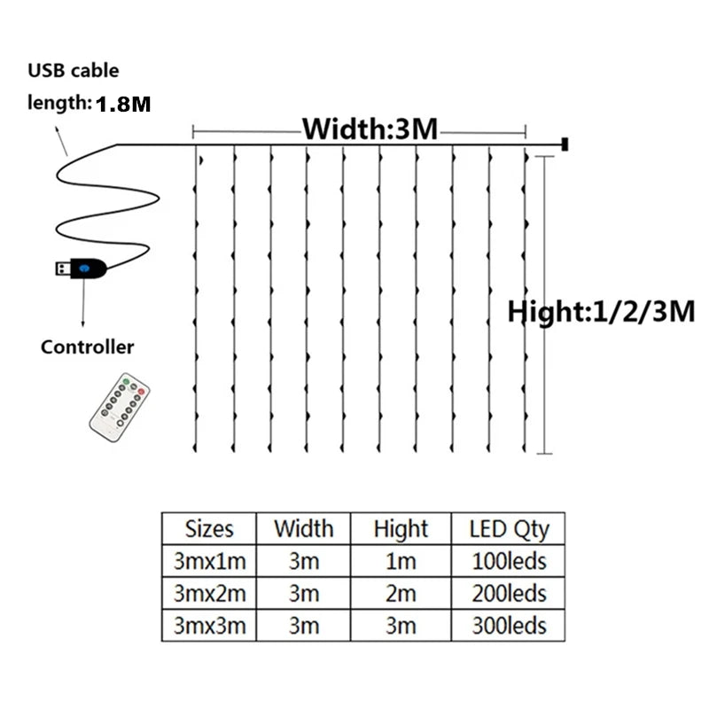 Width 3M LED Garland Curtain Lights 8 Mode Remote Control Fairy Light String Wedding Christmas Decor for Home Ramadan Festival
