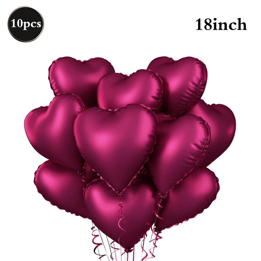 Red Heart-Shaped Balloon Metallic Burgundy Bow Balloon Set 10pcs Heart Foil Balloon Valentine's Day Wedding Birthday Party Decor