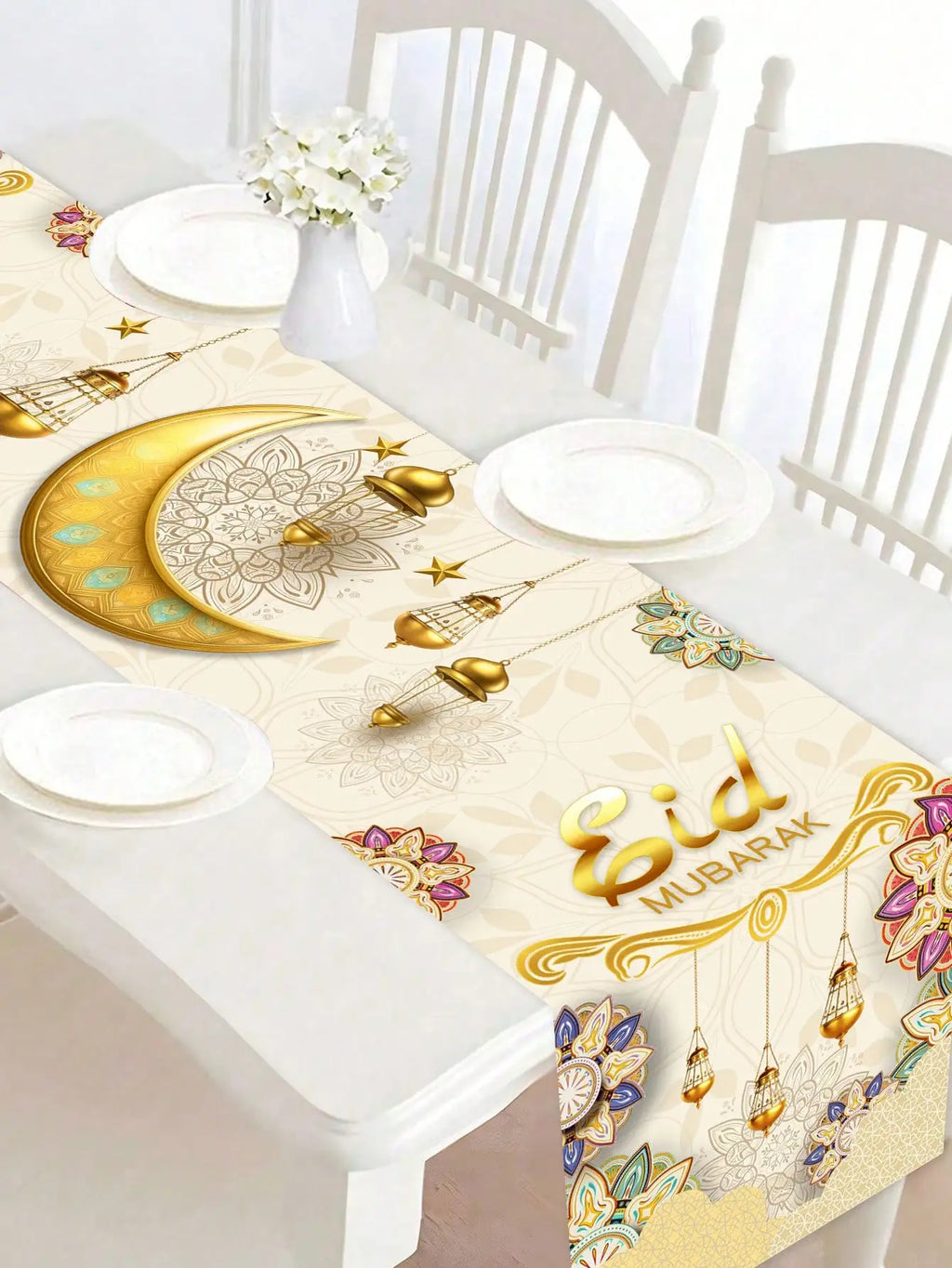1Pc Eid Mubarak Decorative Table Runner, Gold Painted Star and Moon Table Runner, Muslim Holiday Party Table Runner, Long Tablecloth