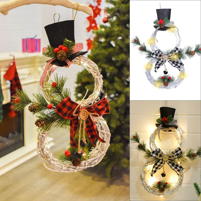Christmas Snowman Wreath Garland Led Light Door Decoration Artificial Home Window Wall Background Door Hanging Luminous Ornament