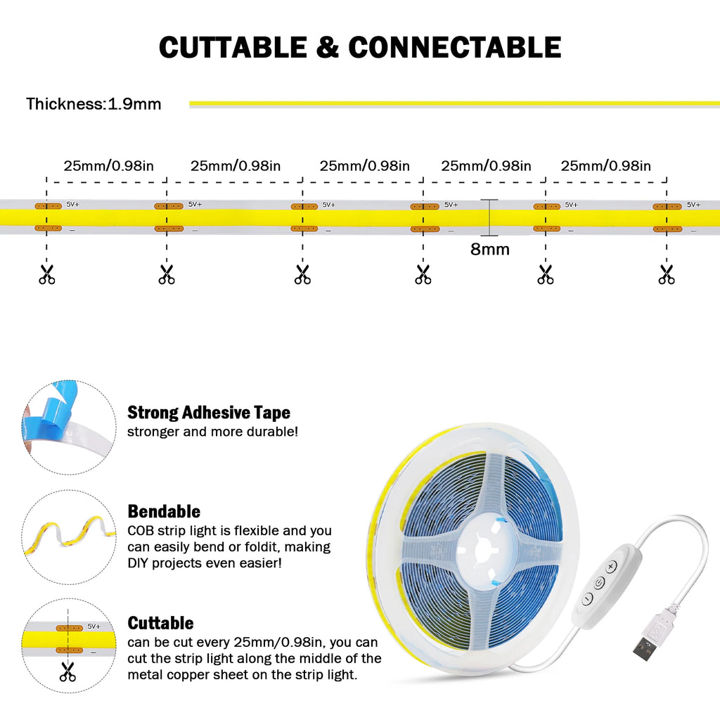 5V COB LED Light Strip With Touch Dimmer/ON OFF Switch/3Key Dimmer 320LEDs/M High Density LED Lamp Room Bar TV Backlight 9Colors
