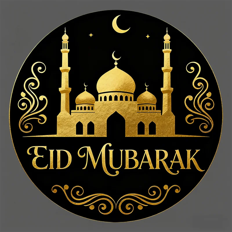 Eid Mubarak Round Stickers Black & Gold Crescent Ornate Decorative Decals, Ideal for Eid Gift Bags, Boxes and Envelopes