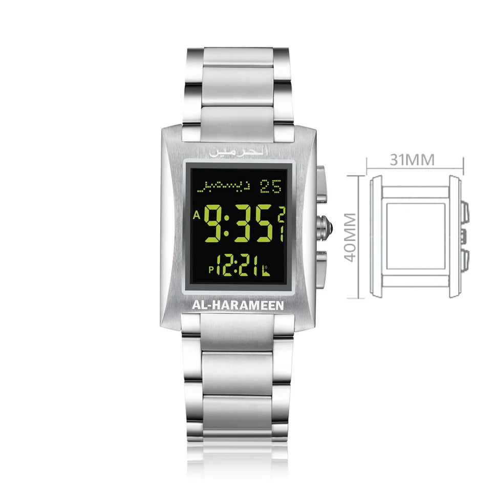 Azan Watch for Muslim Prayer with Qibla Compass Islam Al-Harameen Fajr Time Clock Including Hijri Calendar Ramadan Gift