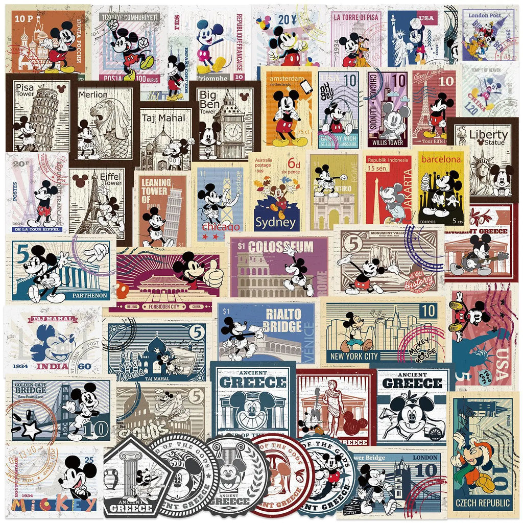 50PCS Retro Disney Mickey Stamps Cartoon Sticker DIY Phone Laptop Luggage Skateboard Graffiti Decals Fun for Kids Toys Gifts
