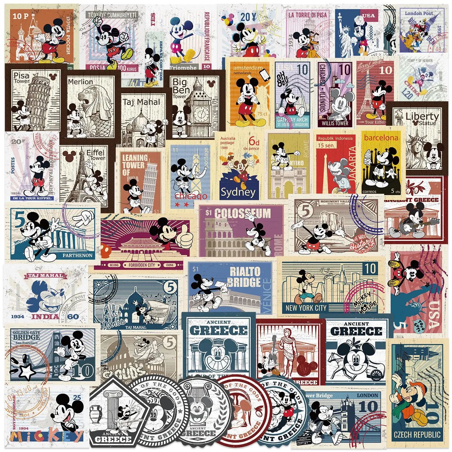 50PCS Retro Disney Mickey Stamps Cartoon Sticker DIY Phone Laptop Luggage Skateboard Graffiti Decals Fun for Kids Toys Gifts