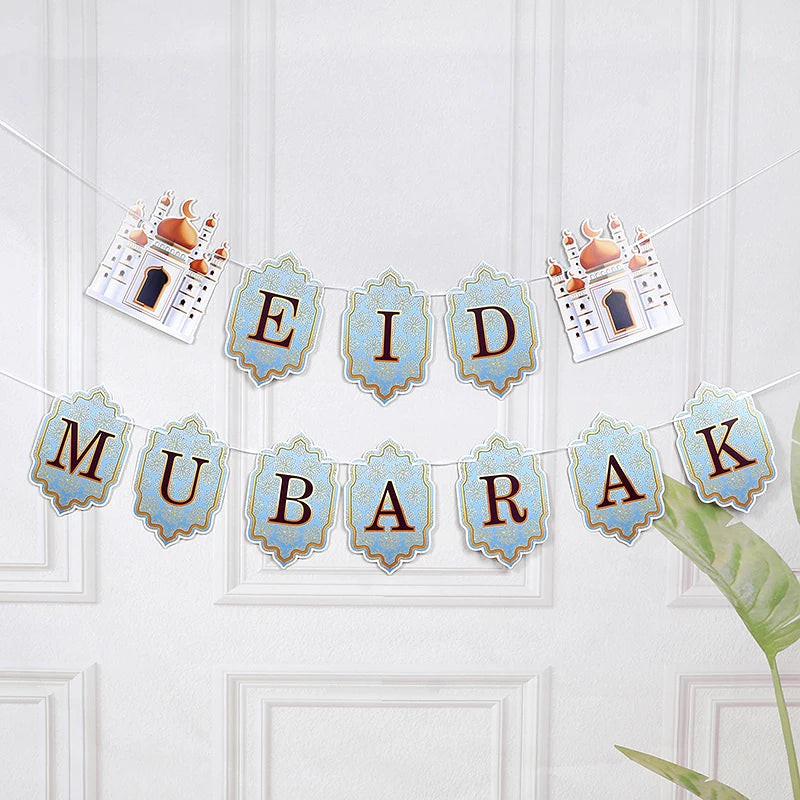 Ramadan Banner Flag 2025 Eid Mubarak Paper Garland Islamic Muslim Party Hanging Ornaments Ramadan Kareem Decorations for Home