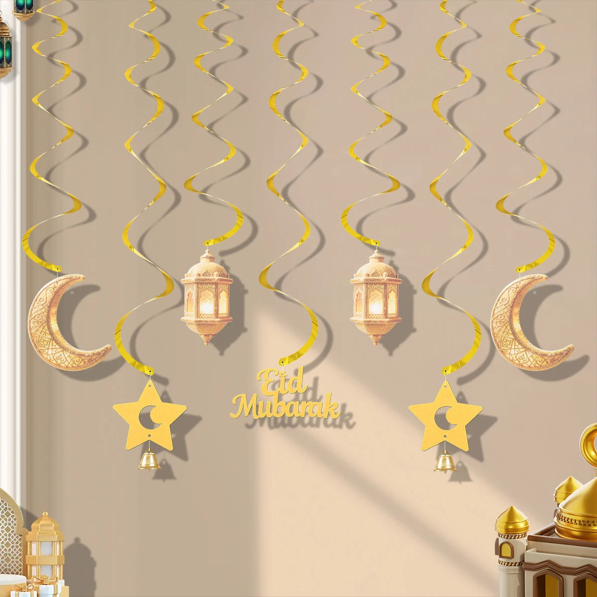 Ramadan Eid Mubarak Party Backdrop Decoration Spiral Banner Moon Star Lights Hanging Decor