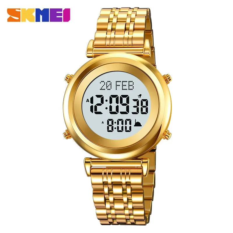 Muslim Azan Digital Watch Mens Back Light Waterproof Steel Hijri Islamic Wristwatch Prayer Qibla Compass Alarm Clock