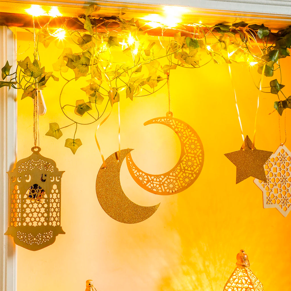 Ramadan Doorway Decor Golden Moon Star Lantern Hanging Ornaments with LED String Islamic Eid Festival Home Entrance Party Gifts