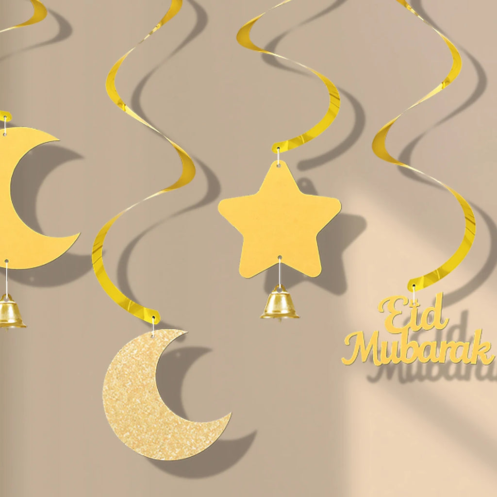 Ramadan Eid Mubarak Party Backdrop Decoration Spiral Banner Moon Star Lights Hanging Decor