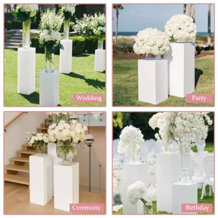 3PCS Square Pedestal Stands for Parties, White Metal Square Plinths Dessert Table Cube Display Pillars for Birthday Wedding Brid