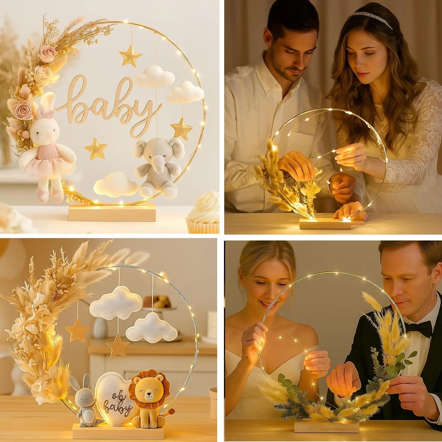 1/5/10PCS DIY Christmas Wreath with LED Lights Stand Party Metal Floral Hoop Centerpiece Table Decor Wedding Dream Catcher Rings
