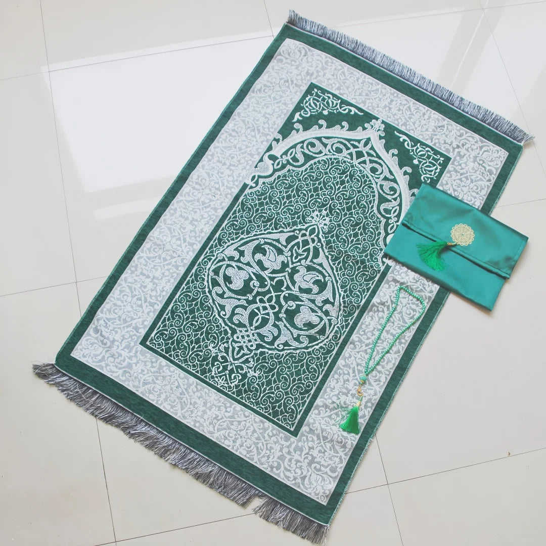 Muslim Prayer Rug and Prayer Beads with Bag Janamaz Soft Sajadah Islamic Gifts Set Portable Prayers Carpet Mat Taffeta Fabric