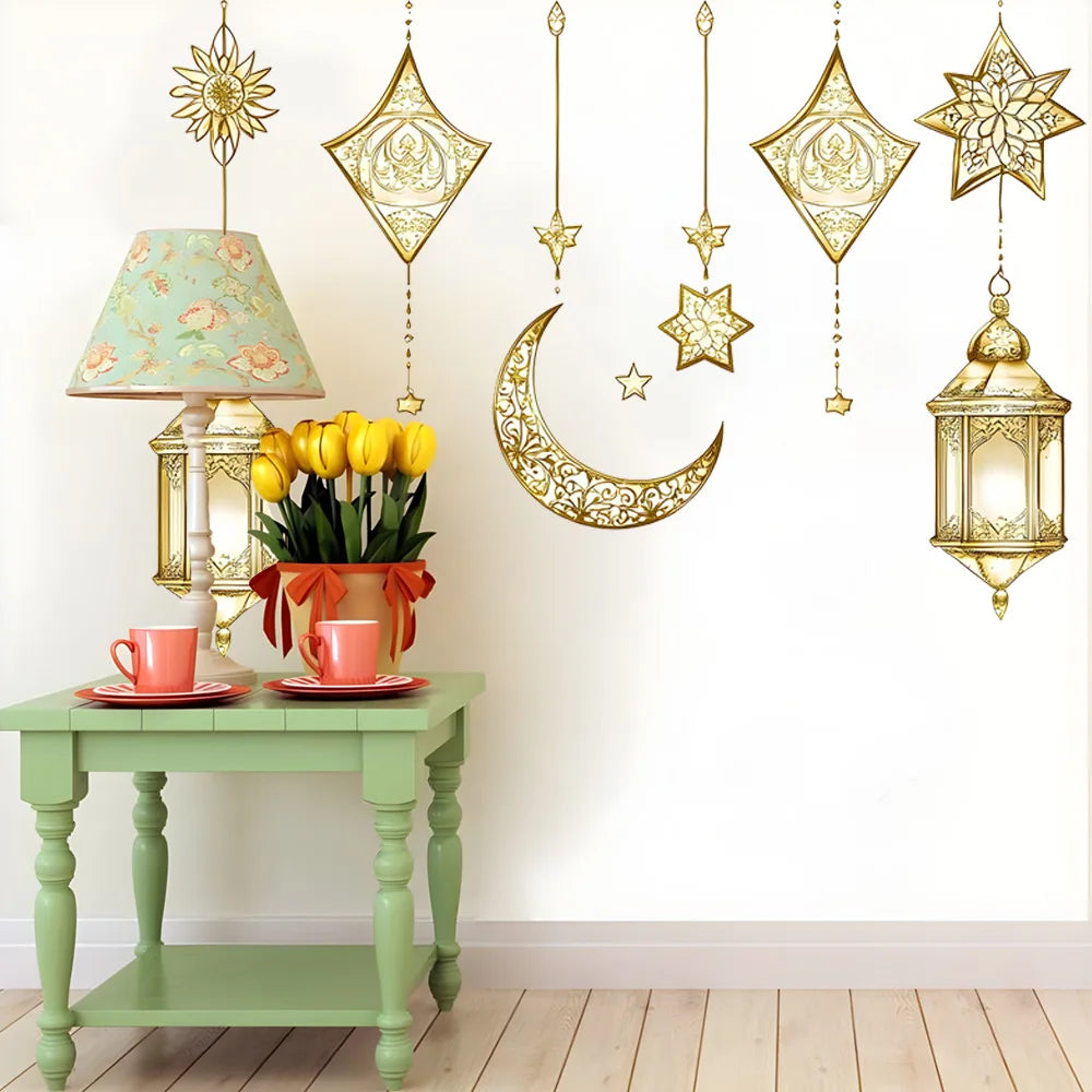 Eid Mubarak Wall Stickers Star Moon Lantern Ramadan Kareem Wall Decals Muslim Islamic Window Sticker Decorations