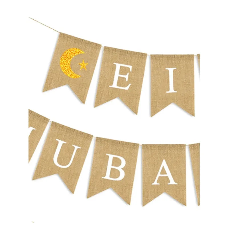 1set linen Eid Mubarak Banner Ramadan Kareem Banners Eid al-Fitr Decorations Star Moon Eid Mubarak Decorations Banners