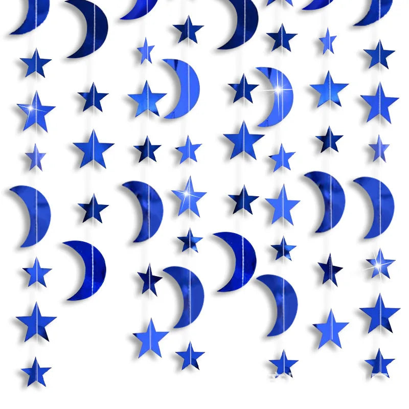 Gold Silver Moon Star Hanging Banner String Garland for Ramadan EID Kids Birthday Baby Shower Home Decorations