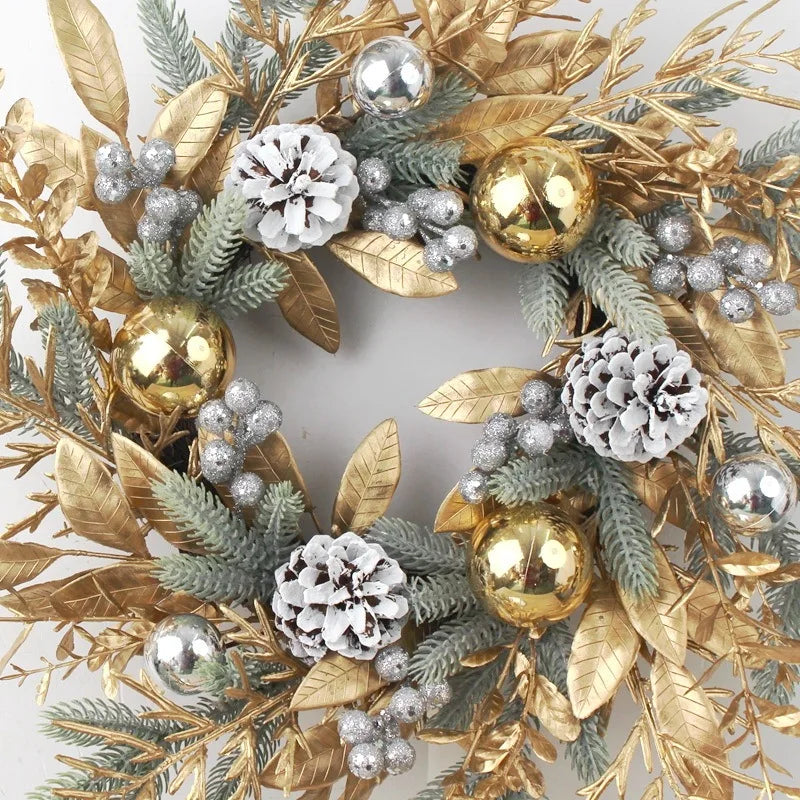 Christmas Wreath For Front Door Artificial Golden Flower Garland Pinecone Rattan Set Hanging Outdoor Christmas Decoration 2024