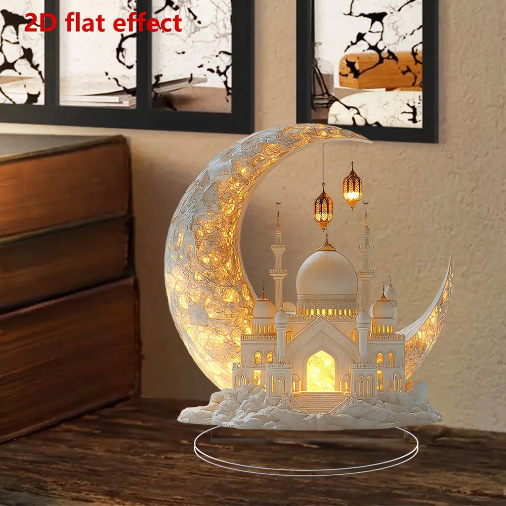 2D Acrylic Crescent Castle Ornament Ramadan Festival Decoration Eid Al-Fitr Mubarak Islamic Table Sign Home Party Events Decor