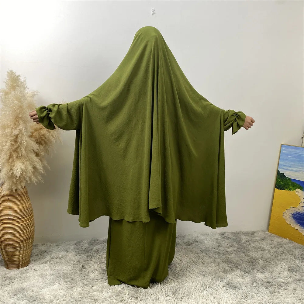 Dubai Turkey Kaftan Eid Ramadan Overhead Khimar Burqa Muslim Women Prayer Dress Set 2PCS Niqab Abaya Islamic Jalabiya Djellab