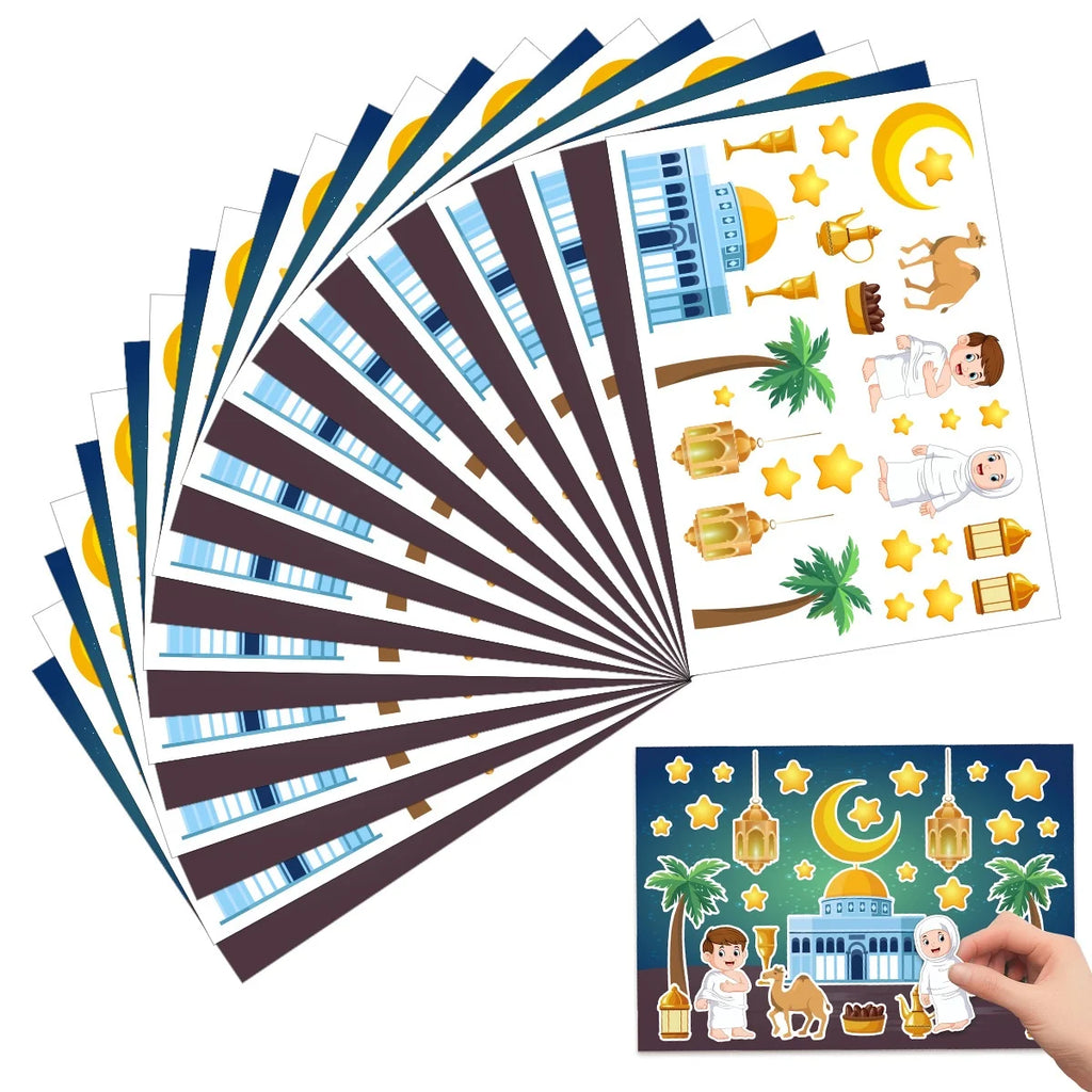 12Sheets Eid Mubarak DIY Stickers Kids Puzzle Game Toys Islam Muslim Party Supplies 2026 Ramadan Home Decoration Wall Sticker