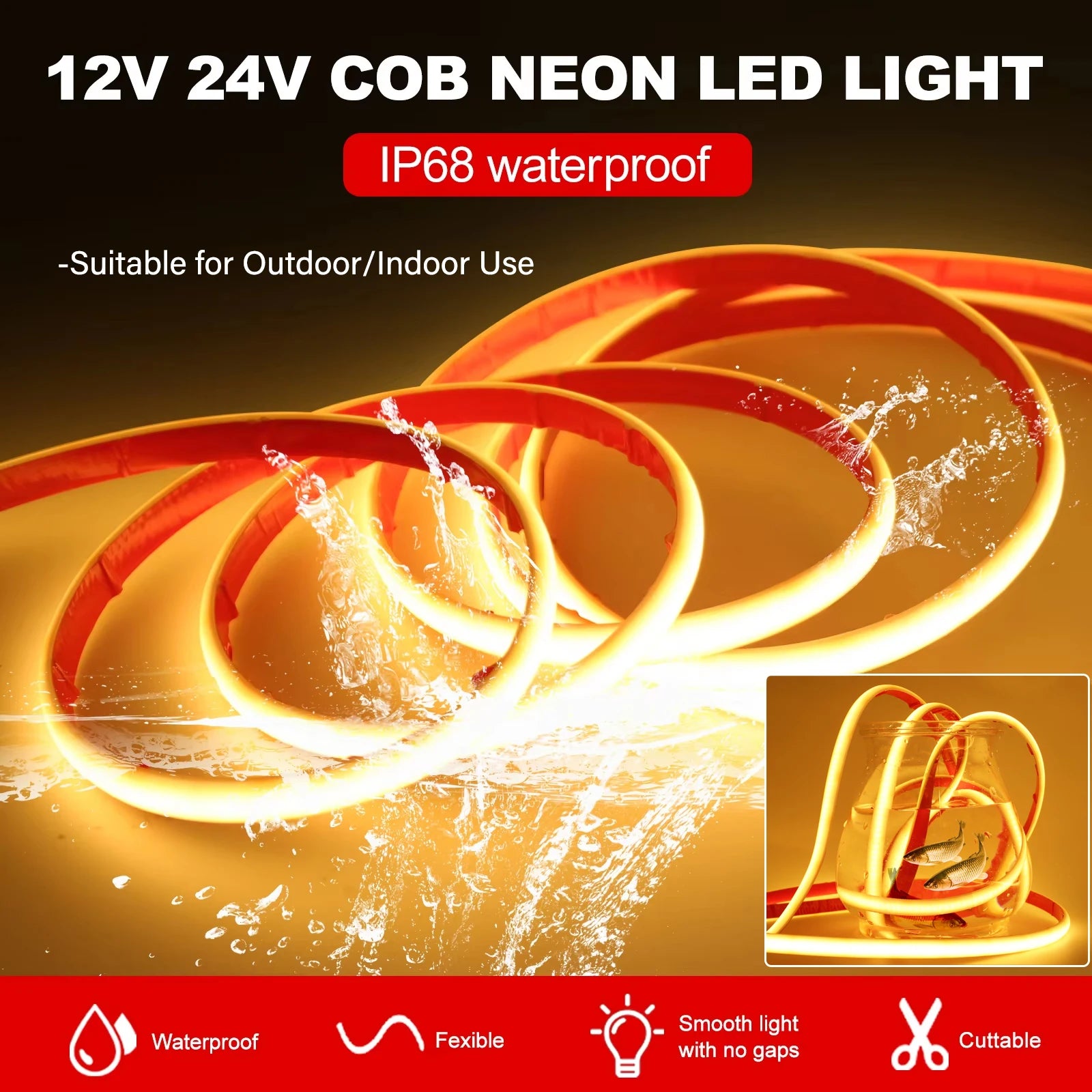 IP68 Waterproof COB LED Strip Light DC 12V 24V 320LEDs/m Red Blue Green White Linear Flexible Neon Lights for Room Garden Decor