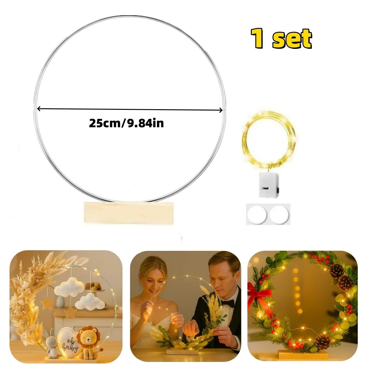1/5/10PCS DIY Christmas Wreath with LED Lights Stand Party Metal Floral Hoop Centerpiece Table Decor Wedding Dream Catcher Rings