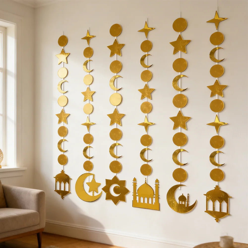 Gold Star Crescent Castle Hanging Garland - Ramadan Eid Party Decor - Moon Festival Streamer Ornament
