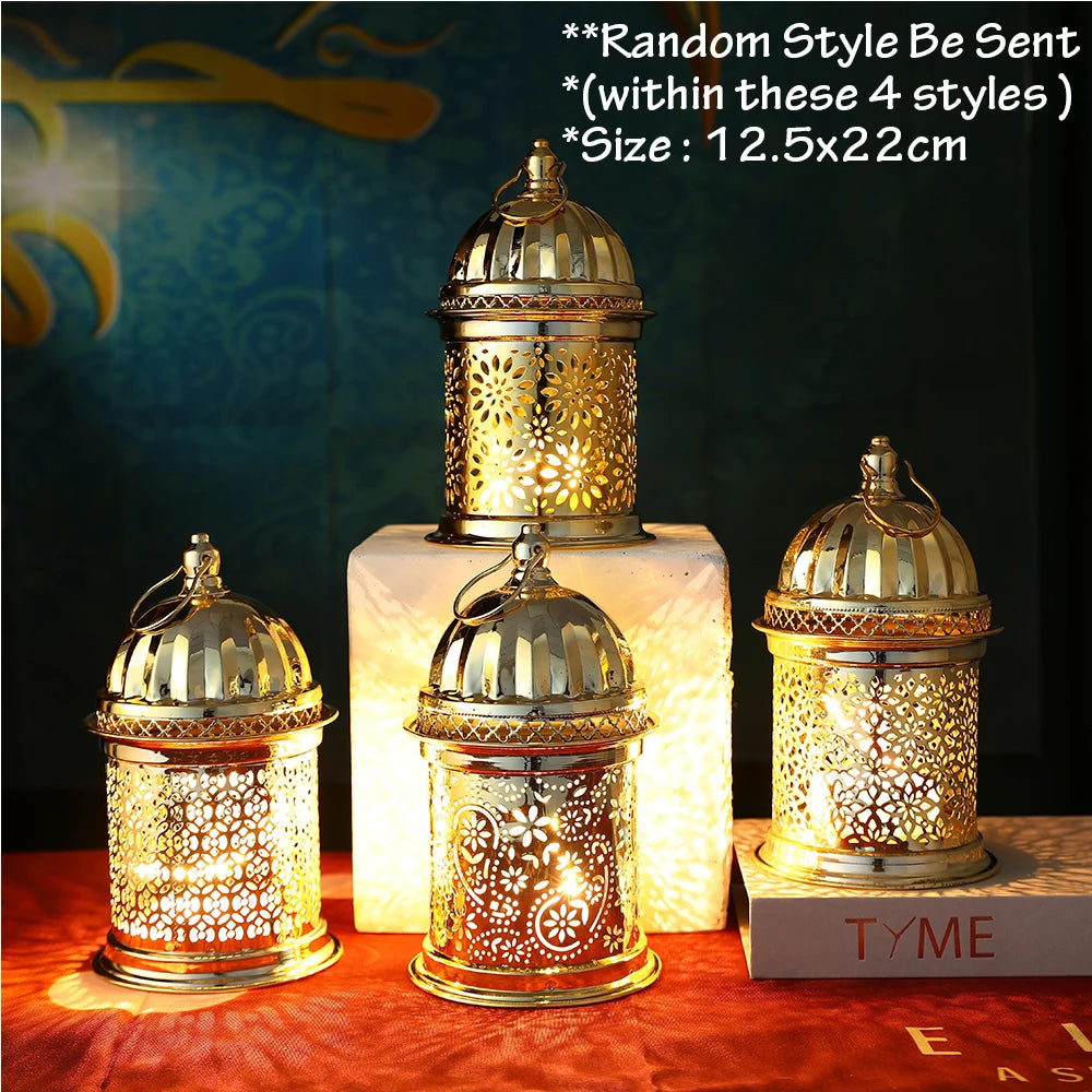 Gold Metal Lantern Lights Fancy Dome Ramadan Decoration Lamp With Music Eid Mubarak Home Decors Islamic Muslim Gifts Eid al-Fitr