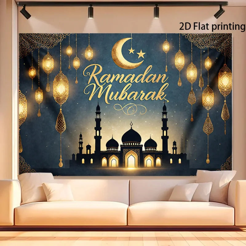 1pc2DflatRamadan Mubarak Moon and Stars Banner ，With gold lanterns，New Moon and Star Design，No Power Supply Required
