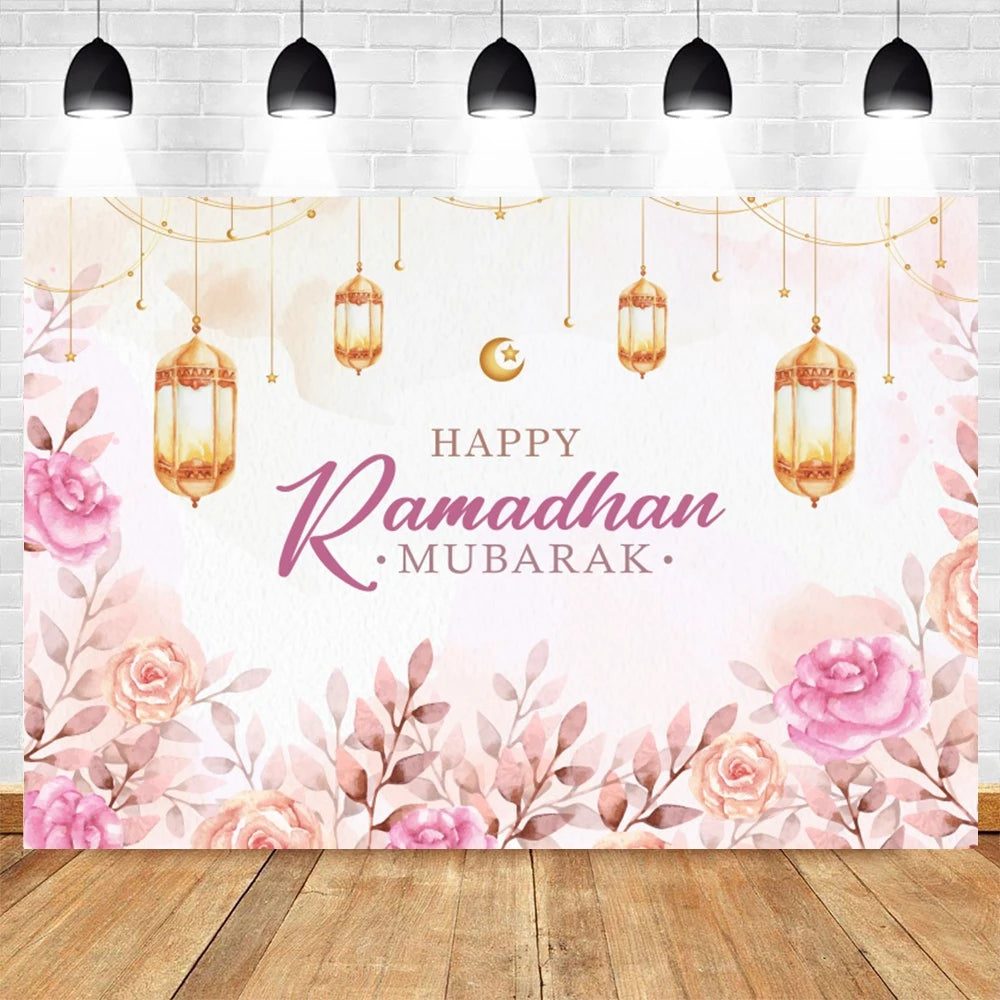 Ramadan Kareem Photography Backdrop EID Mubarak Islamic Mosque Lamps Moon Star White Cloud Photo Background Studio Poster Decor