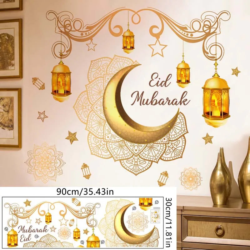 Ramadan Kareem Wall Stickers Moon Star Lantern Wall Decal 2024 Eid Mubarak Decorations for Home Muslim Islamic Party Decorations