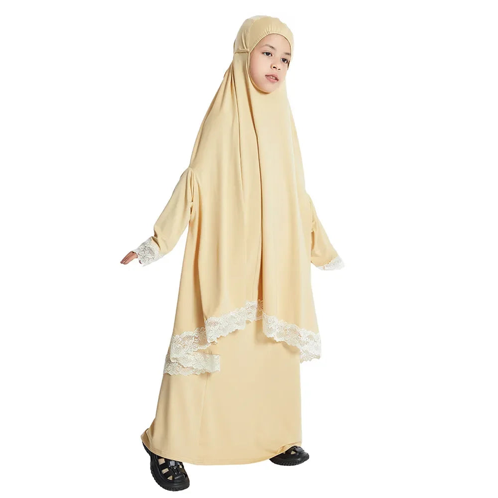 Muslim Kids Girls Hijab Dress Ramadan Khimar Skirt Set Overhead Eid Prayer Garment Burqa Abaya Robe Kaftan Hooded Gown