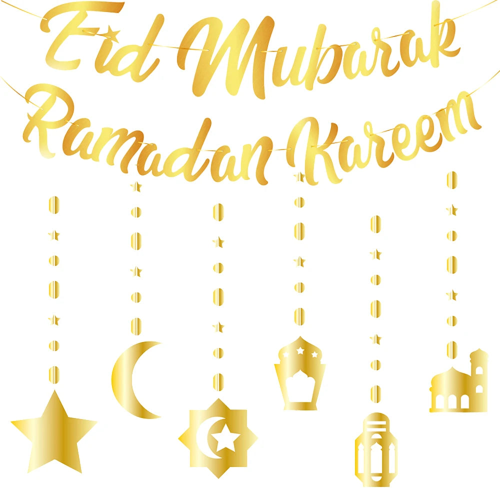Eid Mubarak Banners Ramadan Mubarak Kareem Decorations Hanging Swirls Streamer Moon Star Party Decor lslam Muslim Party Supplies