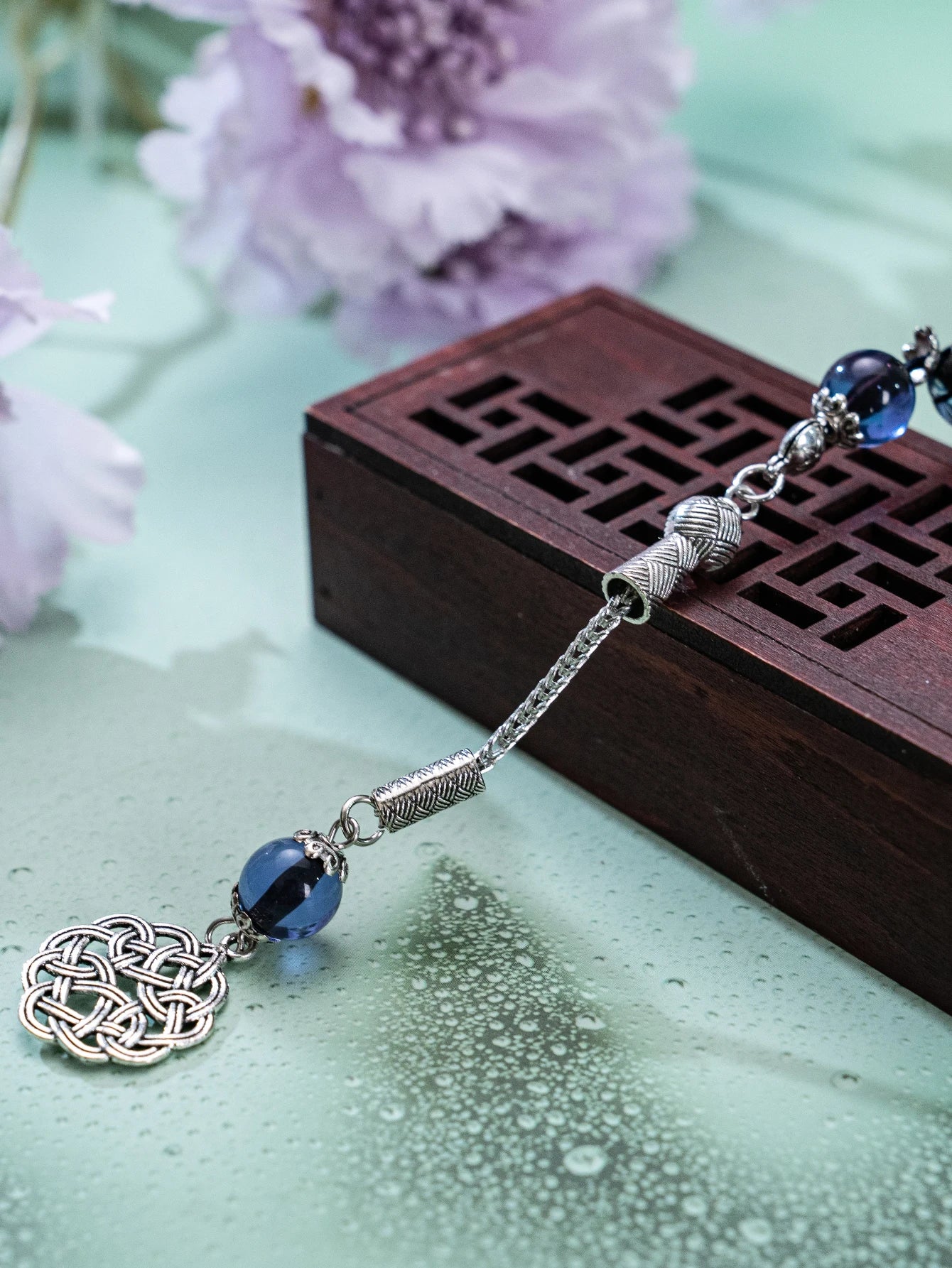 1 blue-brown-green three-color charm bracelet, 45 acrylic charms, patterned pendant, daily prayer counting gift