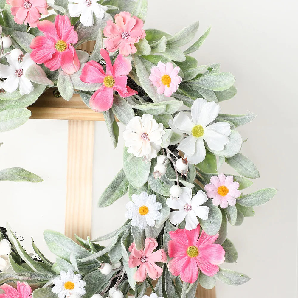 YeeNanee Vibrant Wild Flowers Spring Wreaths for Front Door Artificial Daisy Tulip Lambs Ear Summer Wreath Home Wall Decoration