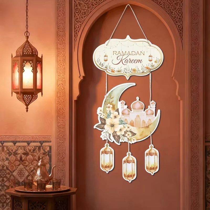 Lantern Welcome Sign Diy Ramadan Door Hanger Eid Mubarak Hanging Sign Gold Moon Castle Decoration For Islamic Festival Party