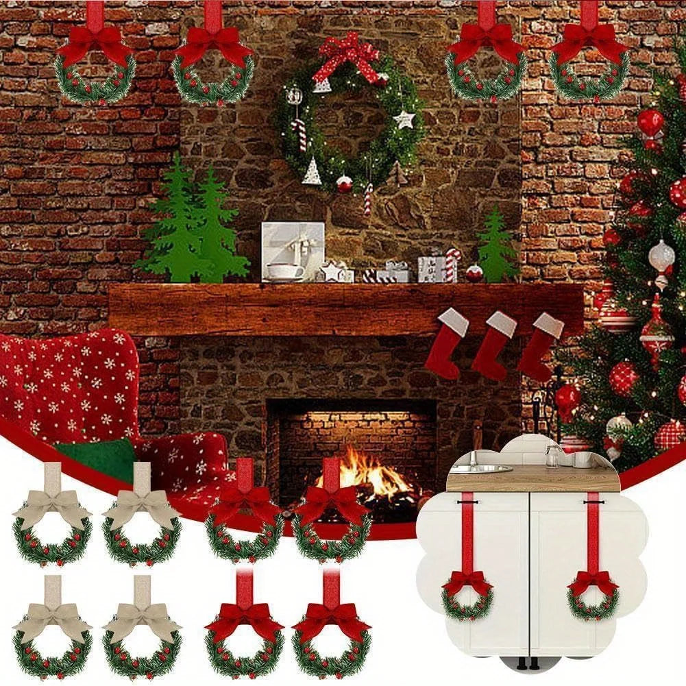 1pcs Christmas Kitchen Cabinet Wreaths with Ribbon Red Berry Mini Wreaths for Christmas Party Window Door Plastic Classic Wreath