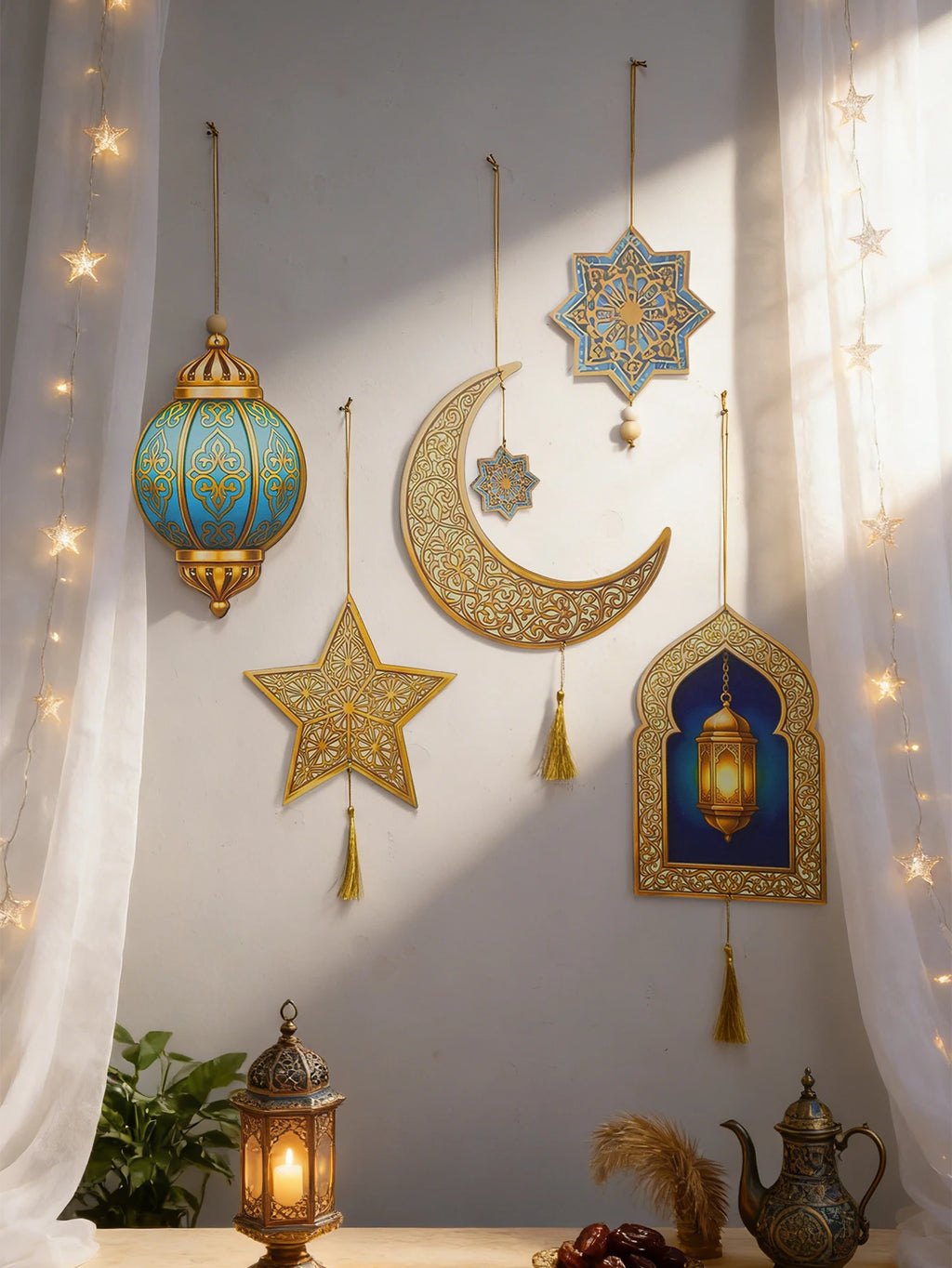 Ramadan Kareem Wall Hanging Decor Islamic Moon Star Lantern Ornaments with Tassel Muslim Festival Decoration for Home Party Gift