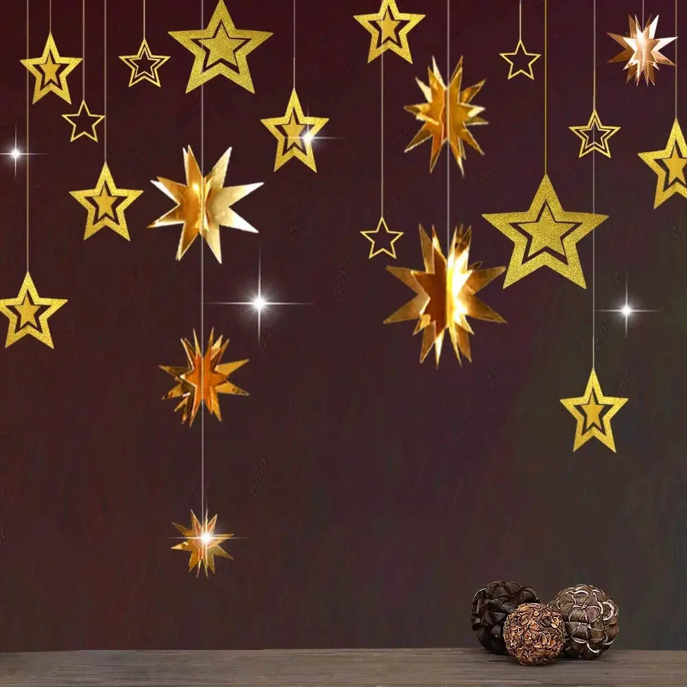 Gold EID Party Decorations Happy Birthday Banners Circle Twinkle Star Garland Metallic Tinsel Banners Hanging Streamer Backdrop
