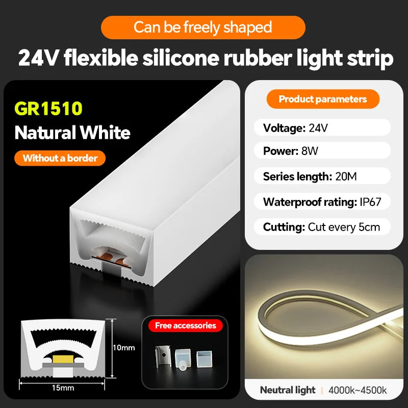 LED silicone light strip, linear light strip, embedded, 24V, waterproof, flexible, curved shape light