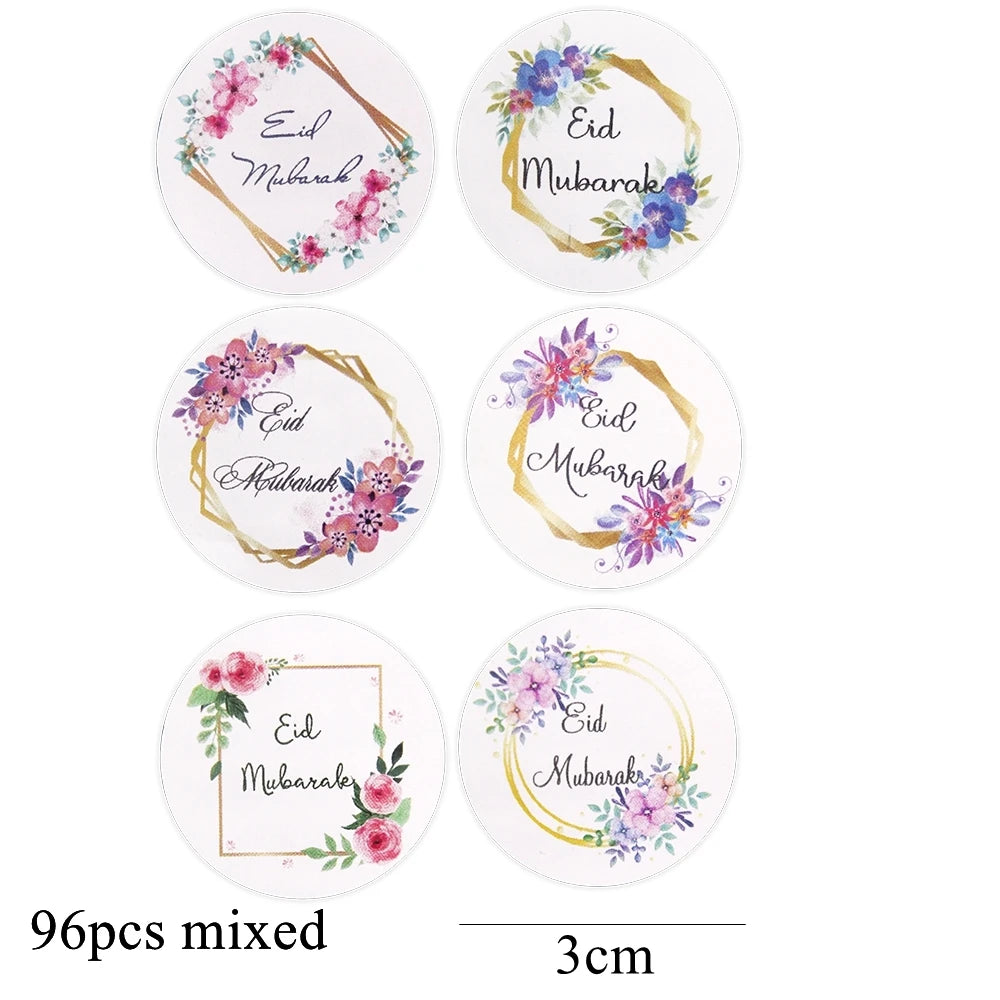 96PCS Eid Mubarak Stickers 3cm Flower Wreath Paper Stickers Ramadan Kareem Muslim Islamic Party Decor DIY Gifts Wrapping Supply