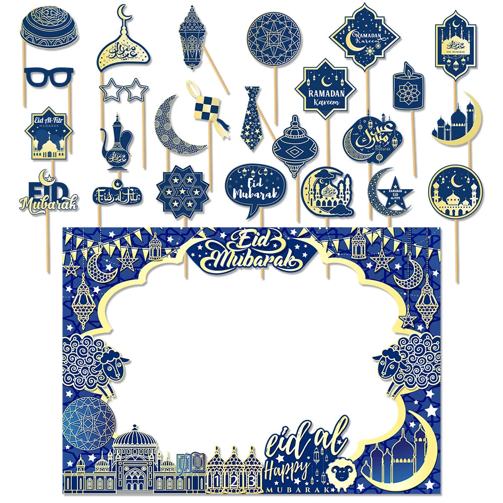 Ramadan Photo Booth Props Eid Mubarak Moon Star Lantern Photo Frame Selfie Ramadan Decorations 2025 Islamic Famliy Friends Gift