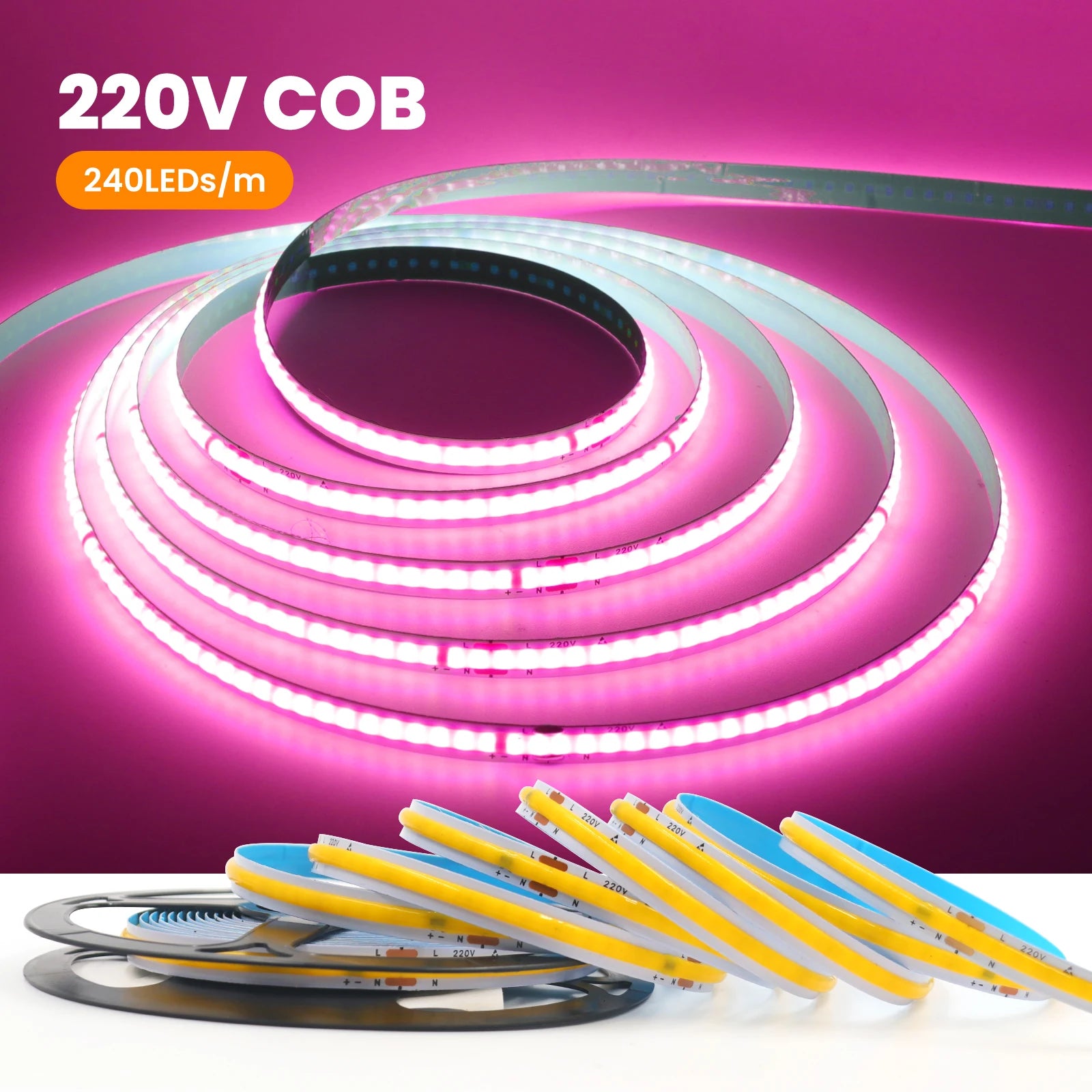 AC 220V COB Strip 240Leds/M 5M 10M 20M 50M/Roll Red/Green/Ice Blue/Pink/White/Purple Flexible Ribbon LED Light For Home Decor